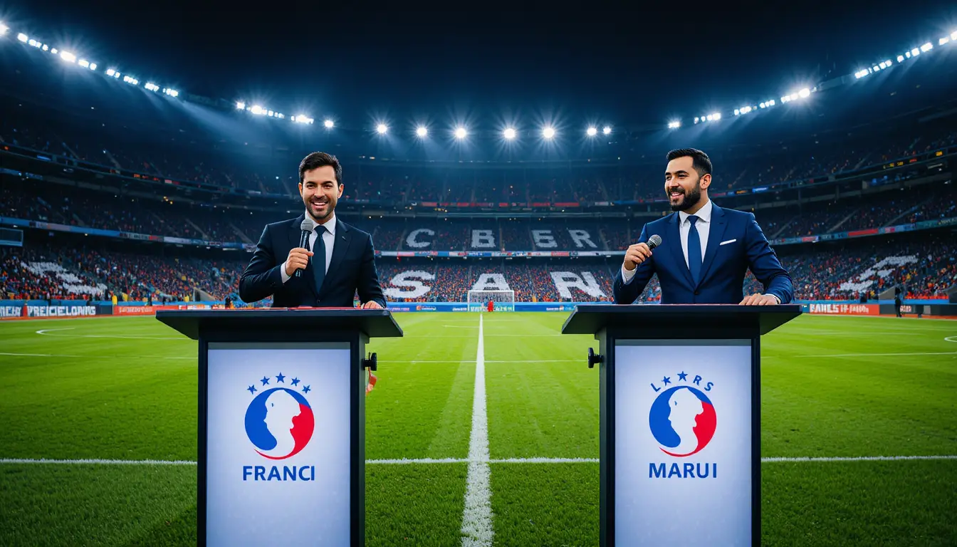 Presentatori di una trasmissione calcistica in campo sotto le luci dello stadio