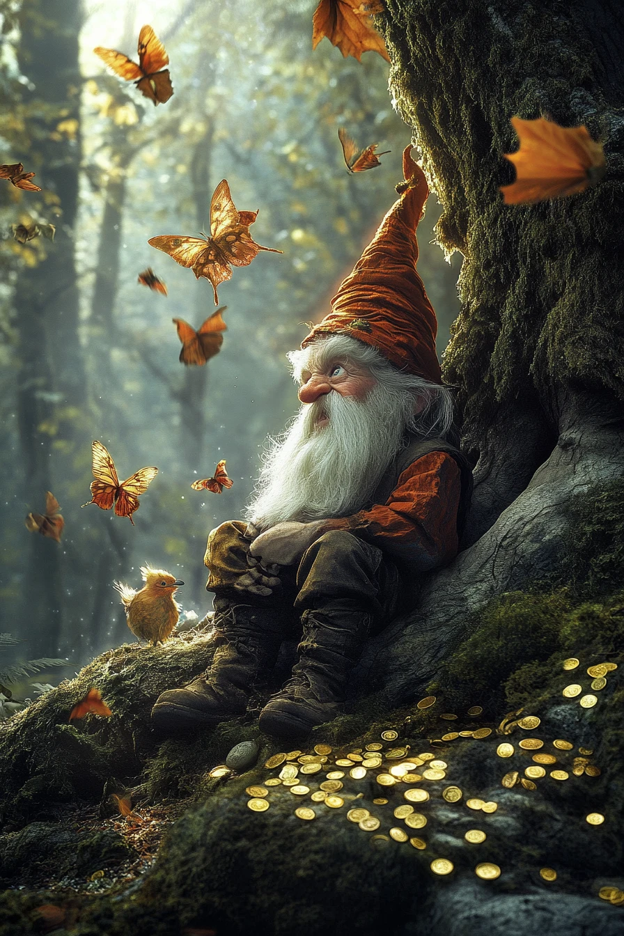 Un leprecauno spaventato ritrova il suo oro perduto accanto a un ceppo nel bosco