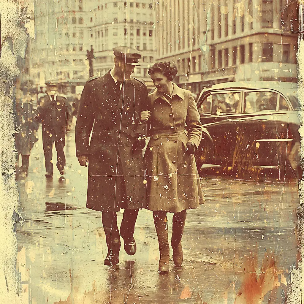 Una escena callejera vintage con sutiles toques de ciencia ficción