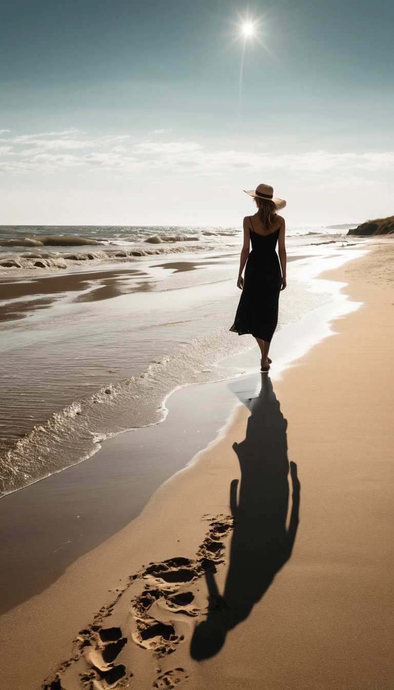 Una donna scrive amore sulla sabbia bagnata al tramonto