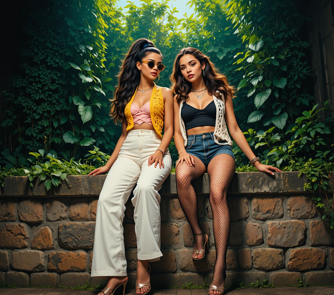 Two young women sit together on a stone wall among lush greenery