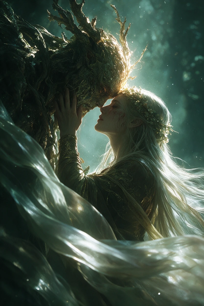 Une silhouette encadrée de soie fluide dans une scène de fantasy sombre