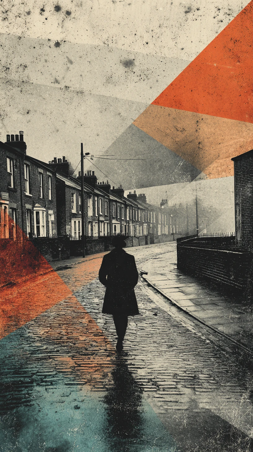 Uma rua chuvosa da Londres do pós-guerra sob as sombras do concreto brutalista