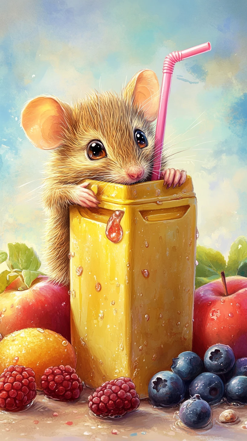 Um pequeno rato marrom espreita por cima de uma embalagem de suco de frutas amarelo-vivo
