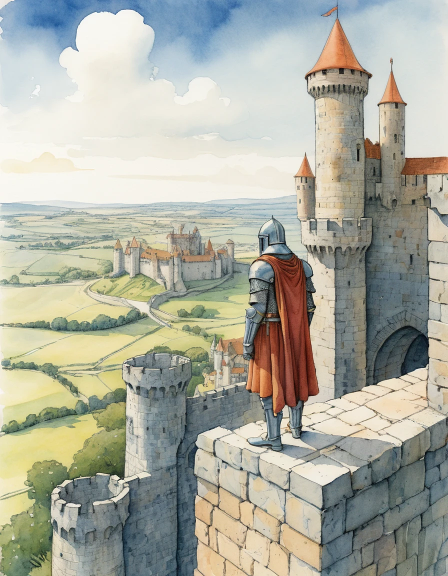 Um cavaleiro contempla o campo do alto das muralhas de um castelo medieval