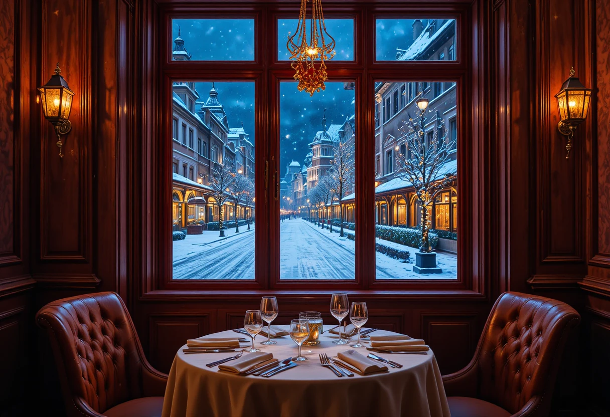 Modern cuisine in a baroque dining room with red window frames