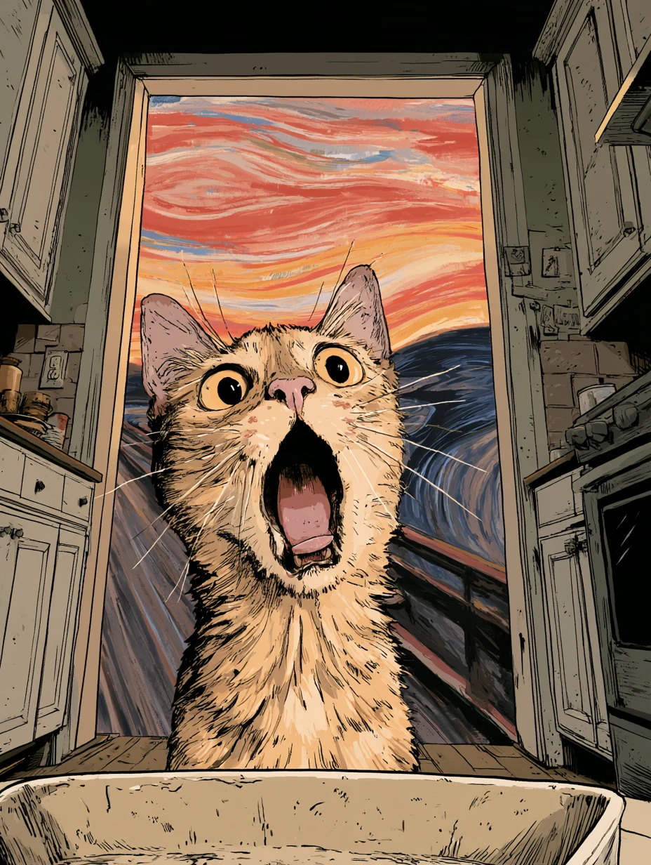 A Munch Inspired Cat Waits Beside Her Empty Food Bowl