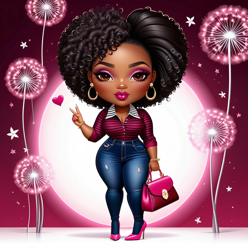 Chibi Fashion Woman Poses With Peace Sign Against Dandelion Swirls