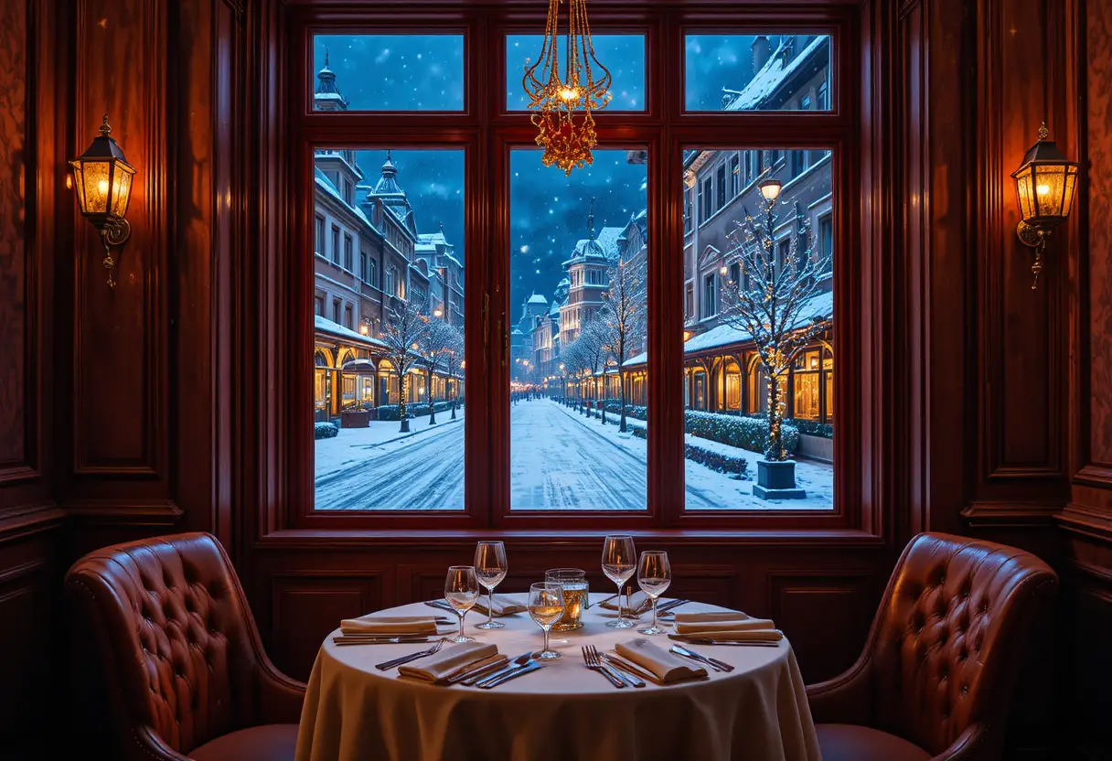 Modern cuisine in a baroque dining room with red window frames