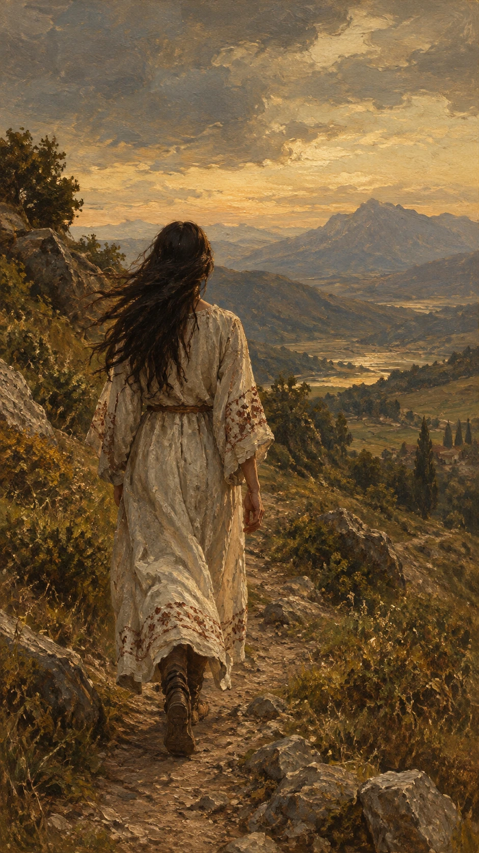 Una donna cammina lungo un sentiero di montagna ai piedi di cime lontane
