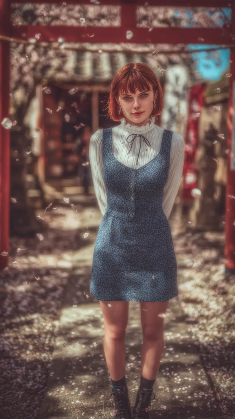 Anime inspired portrait of a red-haired woman beneath falling cherry blossoms
