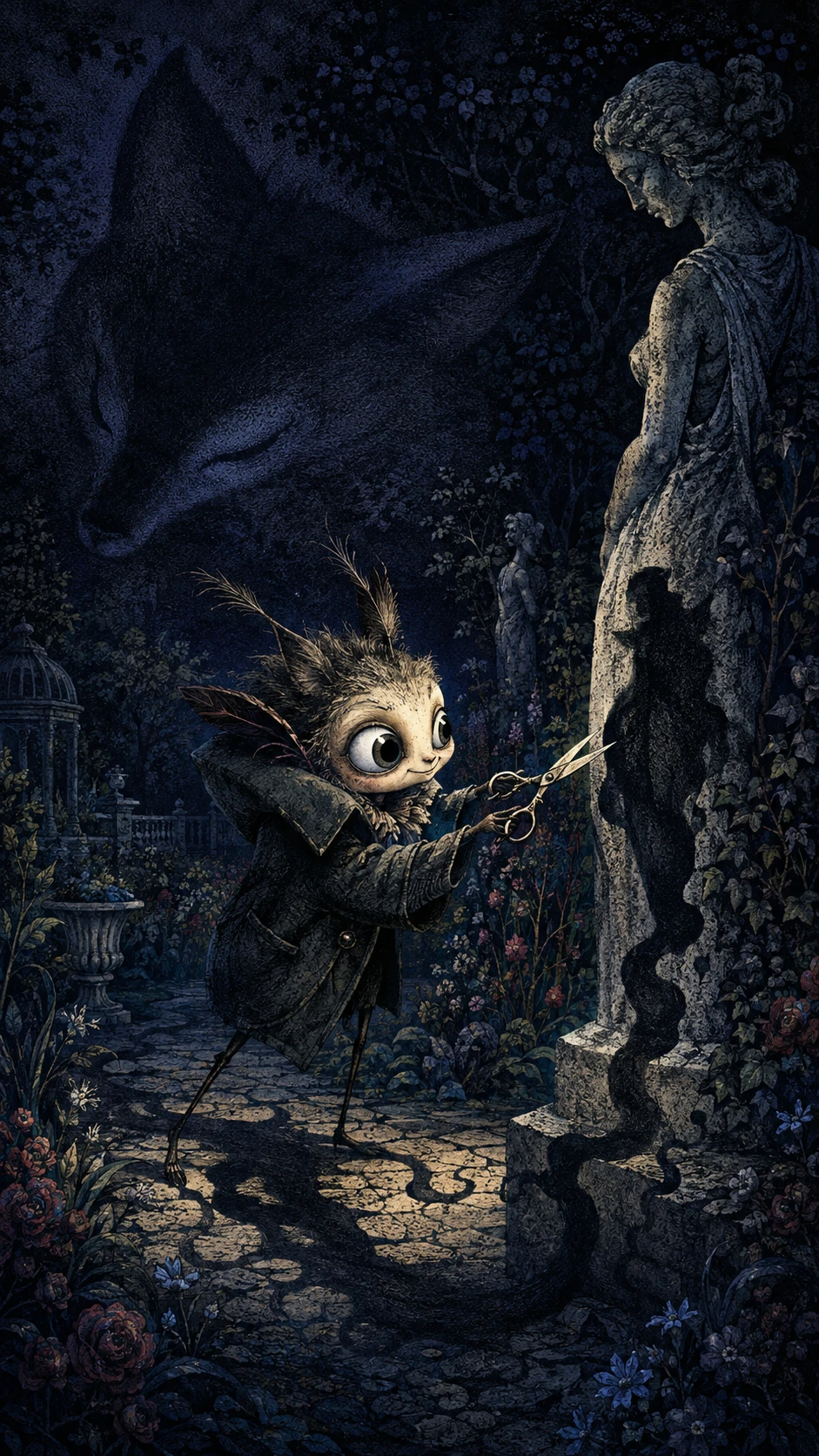 A peculiar woodland creature cuts a statue's shadow in a moonlit garden