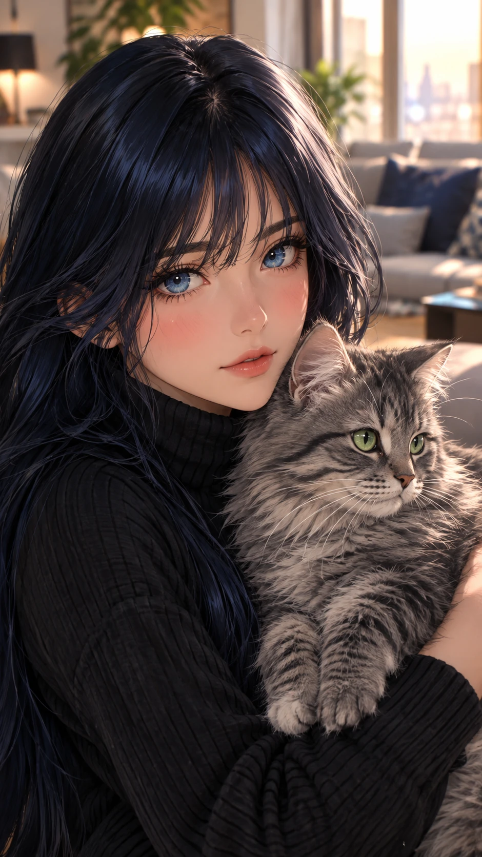 Femme de style anime tenant un doux chat tigré gris dans un intérieur chaleureux