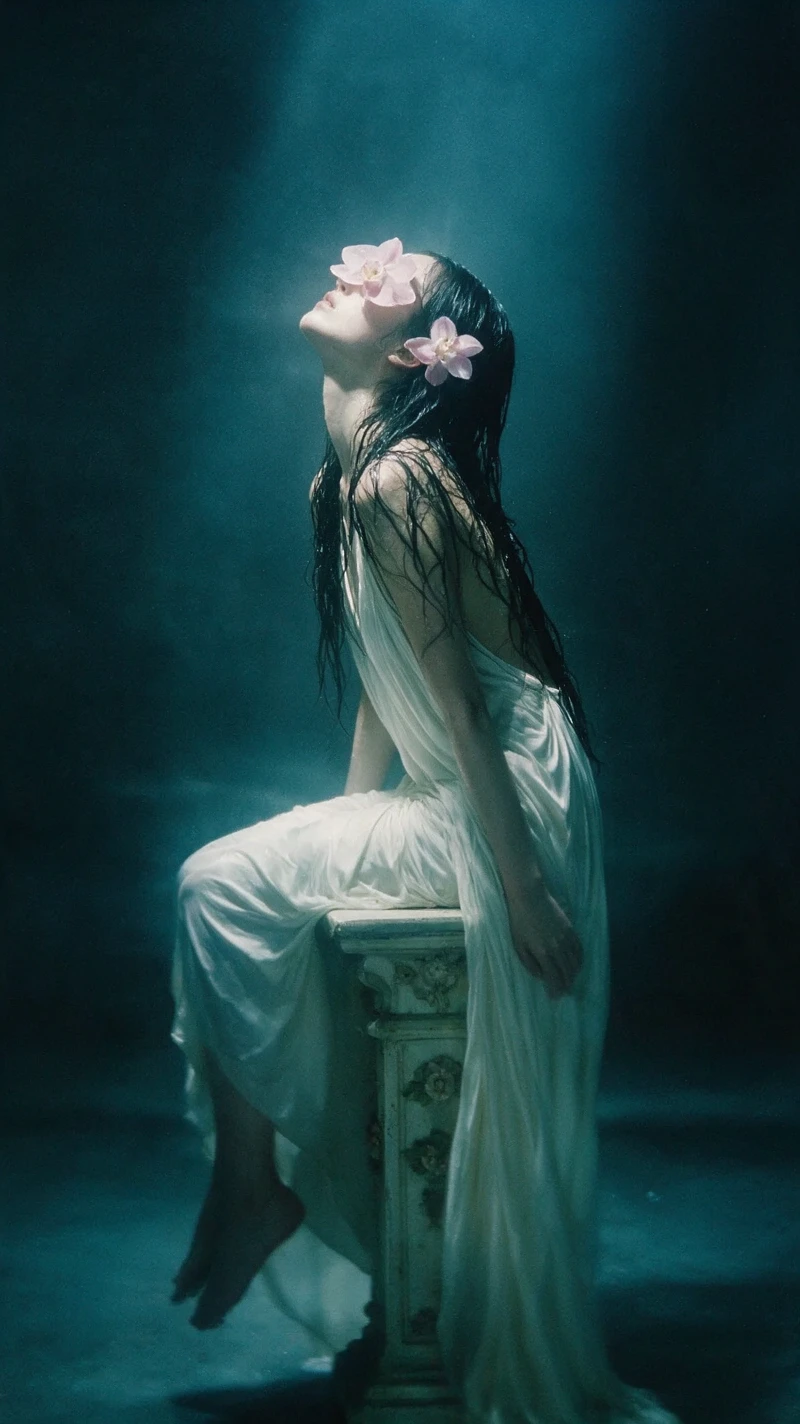 Uma mulher posa em um pedestal ornamentado, com orquídeas sobre os olhos