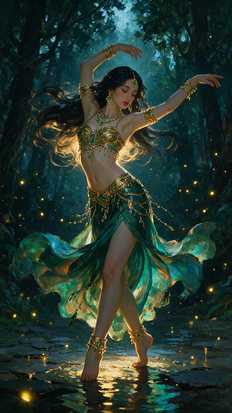 Una hechicera baila descalza bajo la luz de la luna en un claro del bosque