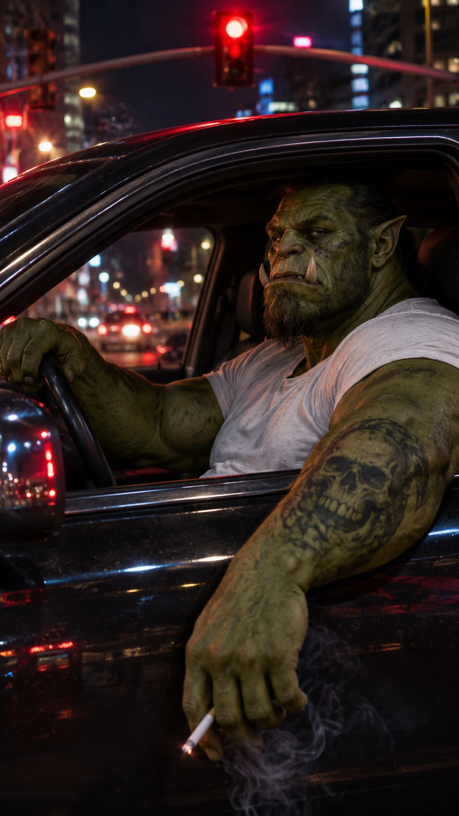 Um orc verde e musculoso está ao volante em um sinal vermelho