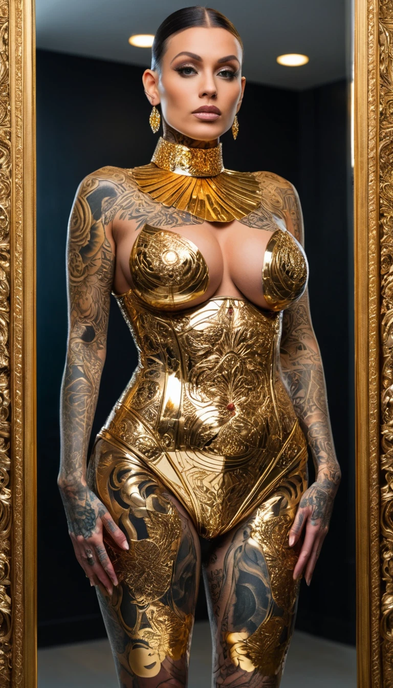 Mulher tatuada posa com as mãos na cintura, envolta em folha de ouro refletora