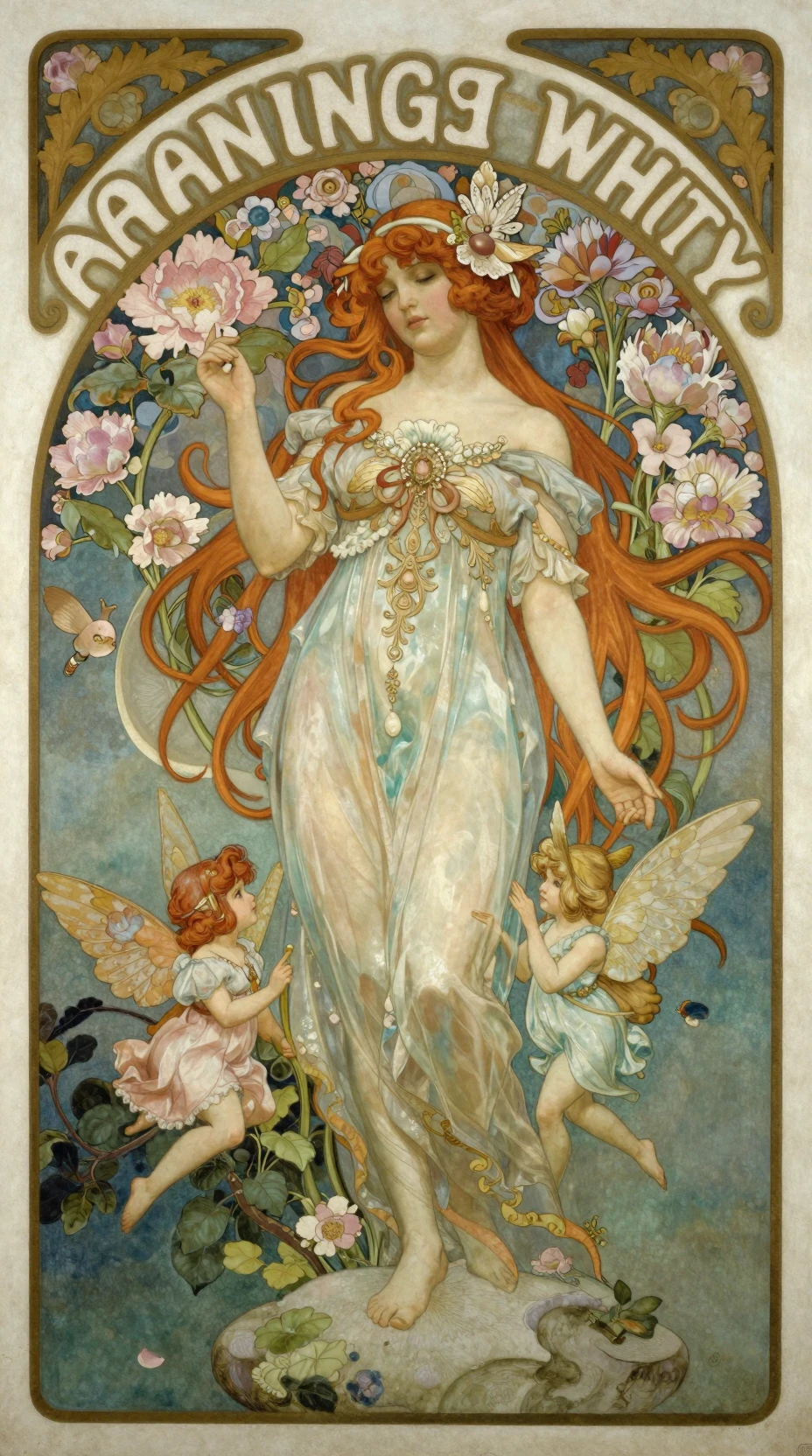 Feen und Blumen in einem vom Jugendstil inspirierten Gemälde