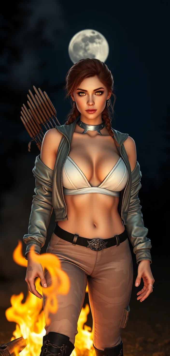 Une chasseresse aux cheveux auburn au clair de lune, sous une pleine lune centrée