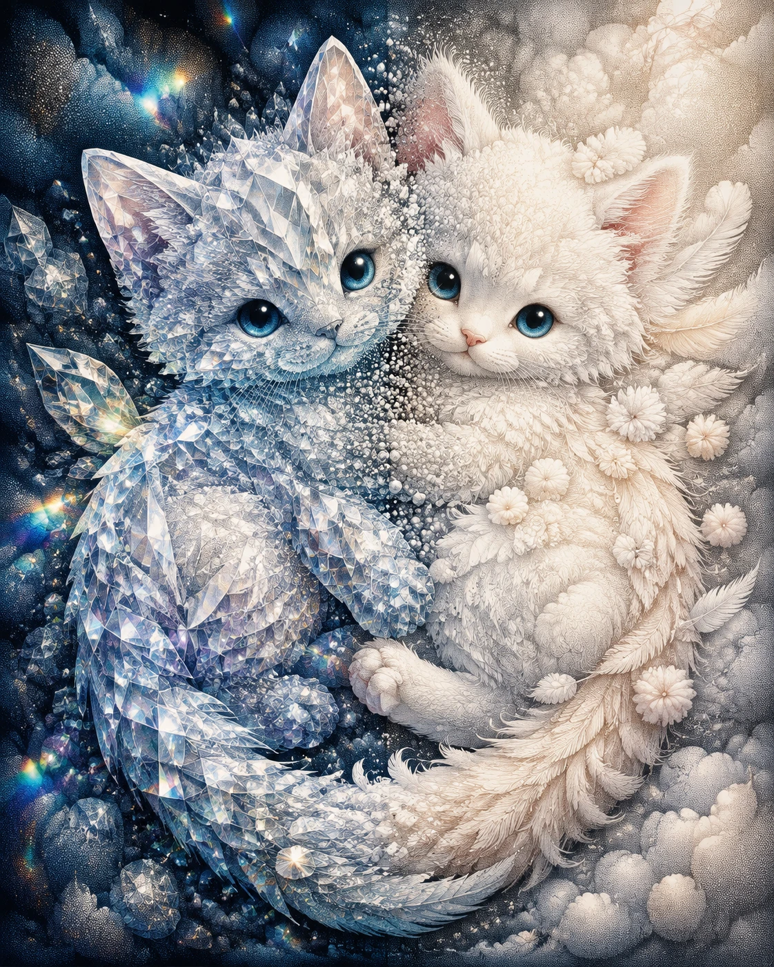 Deux chatons blottis entre des facettes de cristal et une douce fourrure