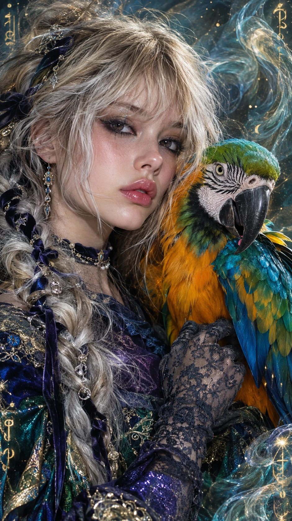 Uma garota emo e uma arara vibrante em um retrato onírico em close