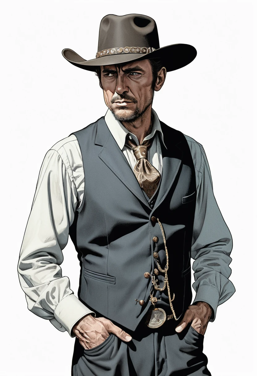 A Far West gambler stands in a tailored suit against a white background
