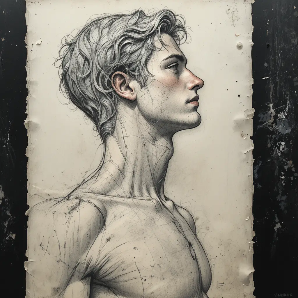 Charcoal study of a sculpted male profile in soft overhead light