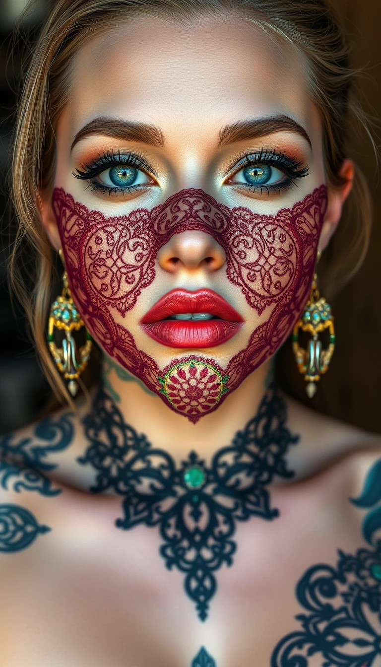 Donna tatuata adornata con un intricato pizzo arcobaleno