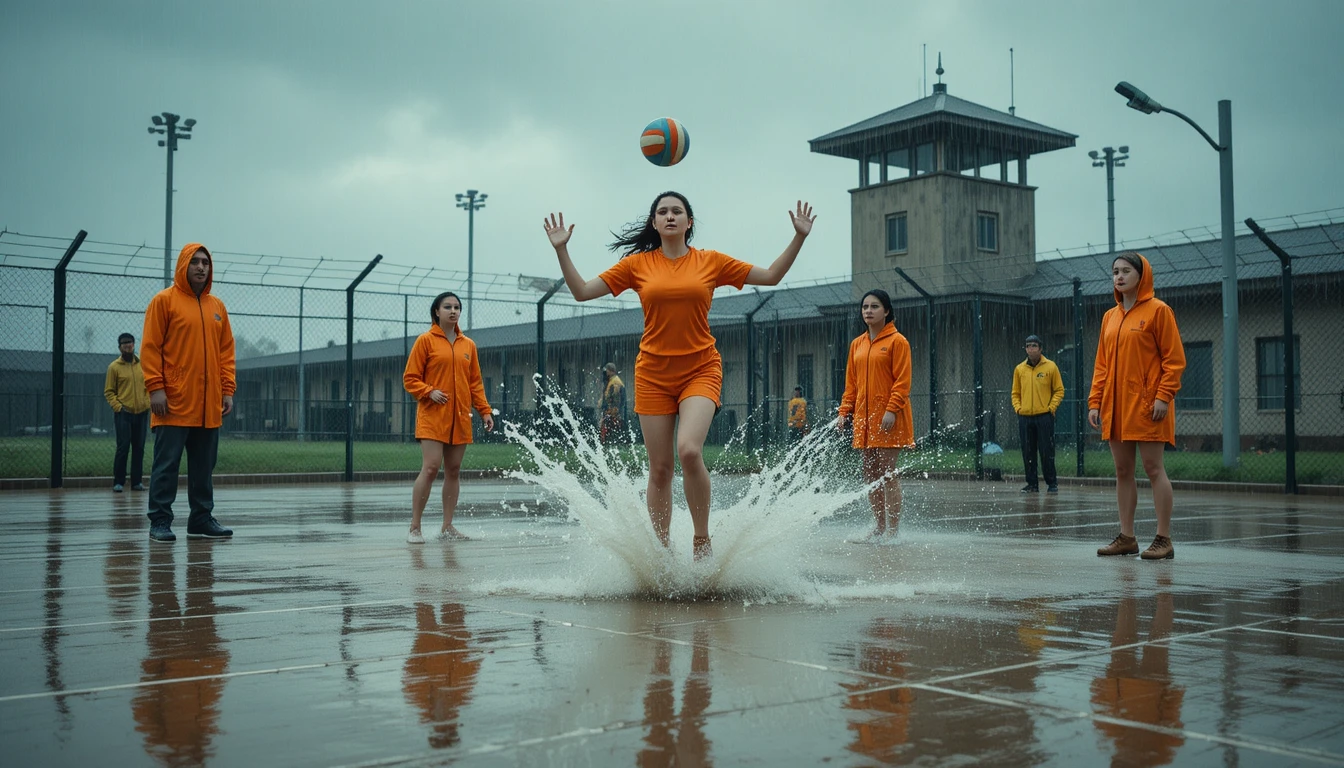 Detentas jogam vôlei sob chuva forte em uma quadra ao ar livre