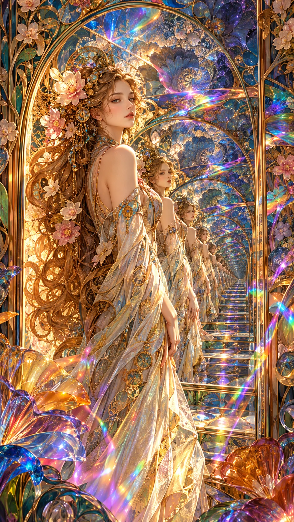 Uma mulher serena com vestes fluidas em estilo Art Nouveau entre arcos ornamentais