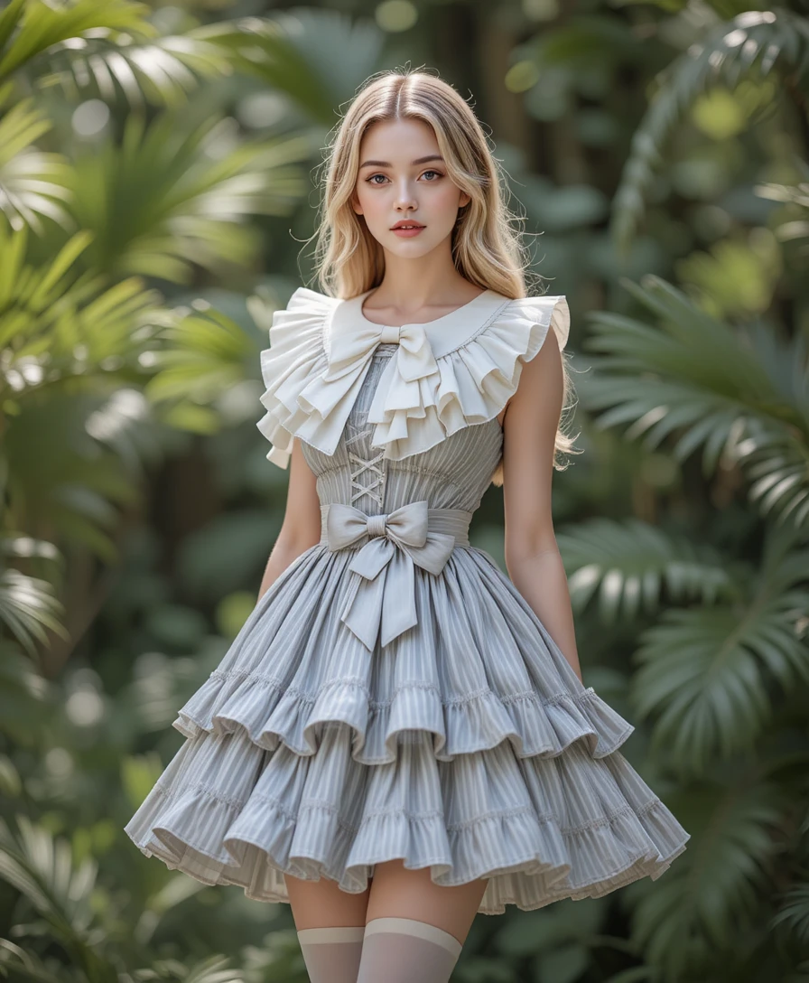 Jovem posa com um vestido oversized com folhos num jardim