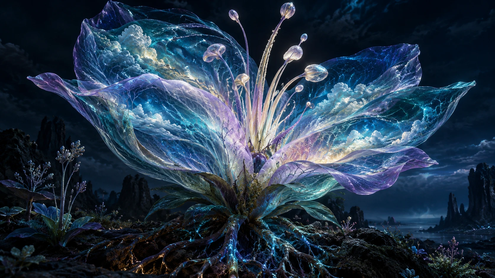 Uma colossal flor translúcida ergue-se sobre uma paisagem rochosa sob o céu noturno