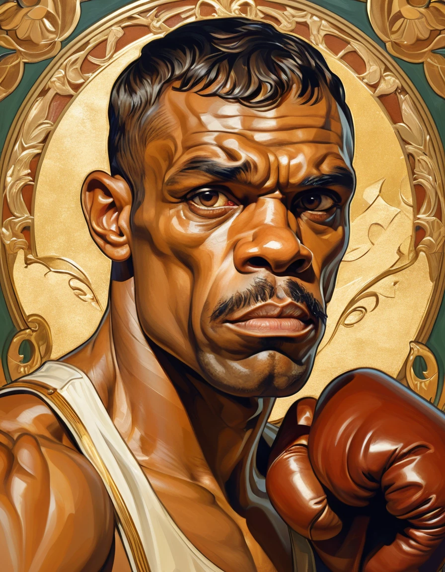 A Boxer Holds a Guard Pose Against an Art Nouveau Background
