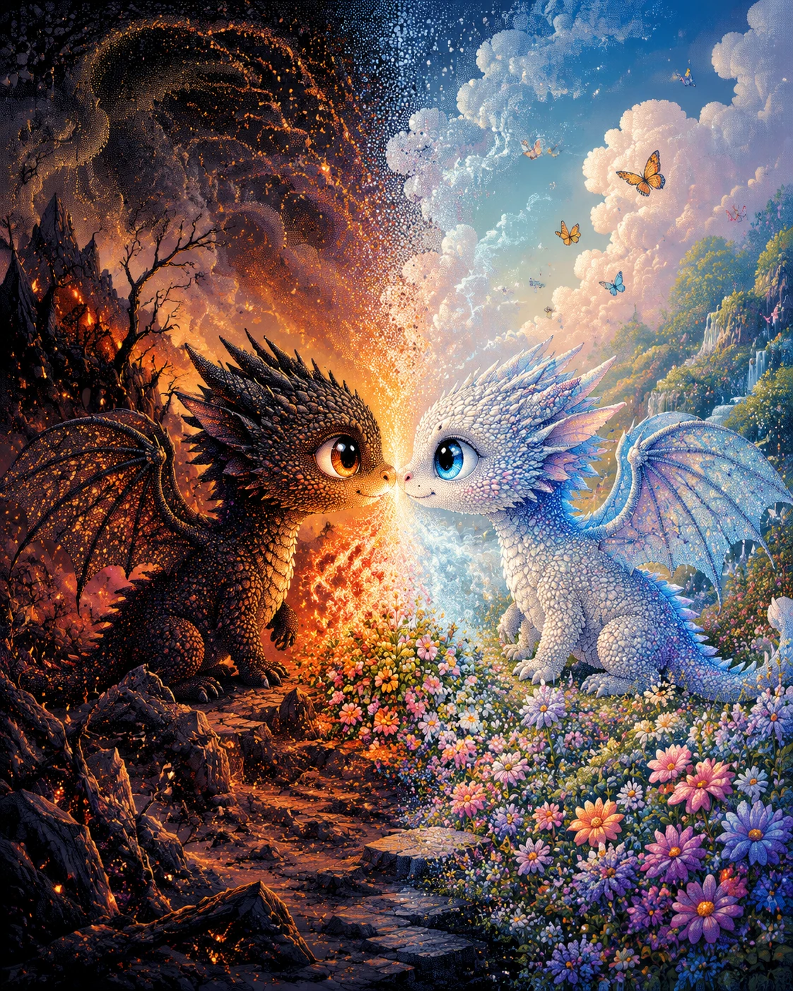 Baby Dragons Touch Noses as Fire and Mist Bloom Across a Fractured Landscape