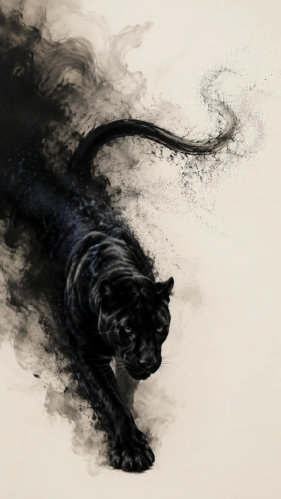 Ein schwarzer Panther tritt in schwungvollen Kohlestrichen aus der Dunkelheit hervor