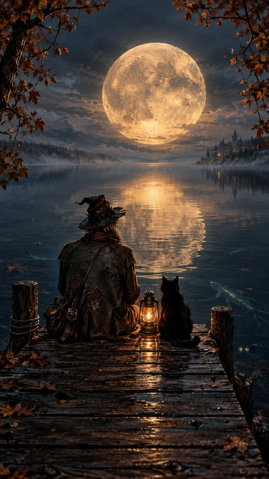 A traveler and black cat share a moonlit pier beside still water