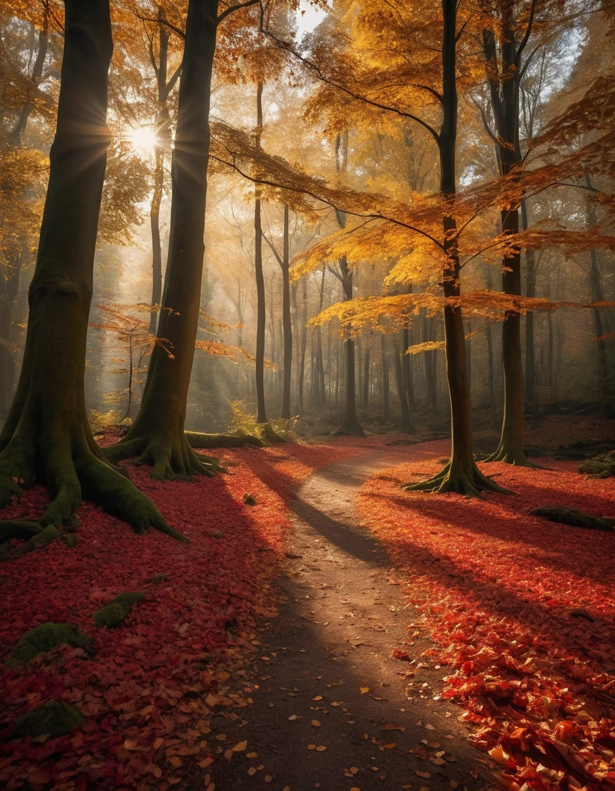 A luz dourada do sol atravessa uma floresta outonal de folhas caindo