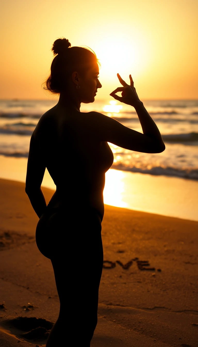 Eine Frau schreibt Liebe in den nassen Sand vor der untergehenden Sonne