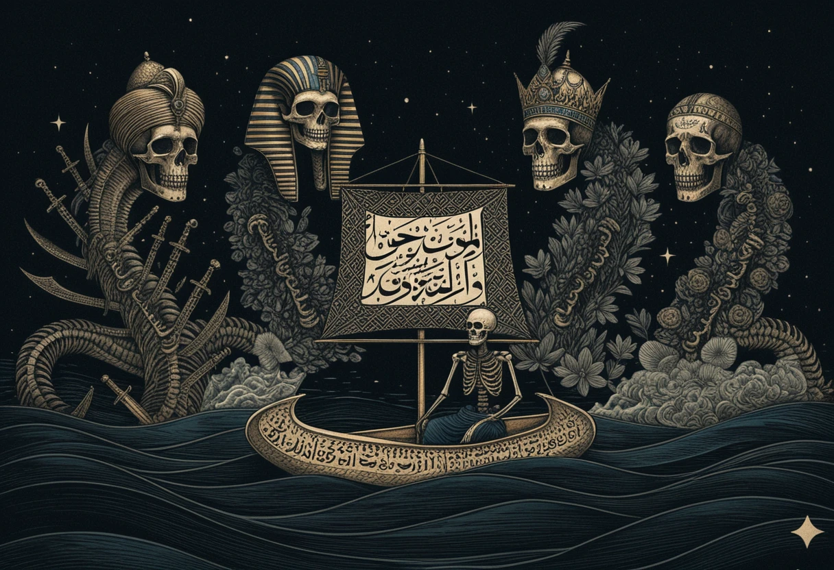 A crescent moon boat carries a skeleton across dark waves