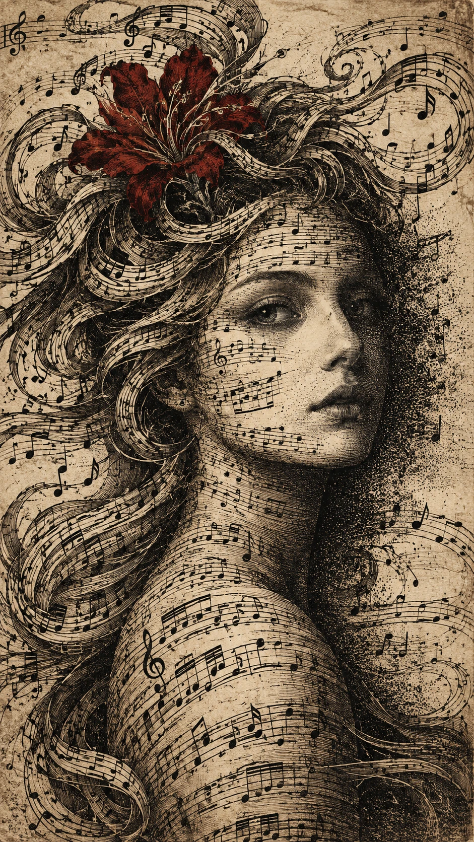 Uma mulher surreal emerge de um vasto campo de partituras antigas