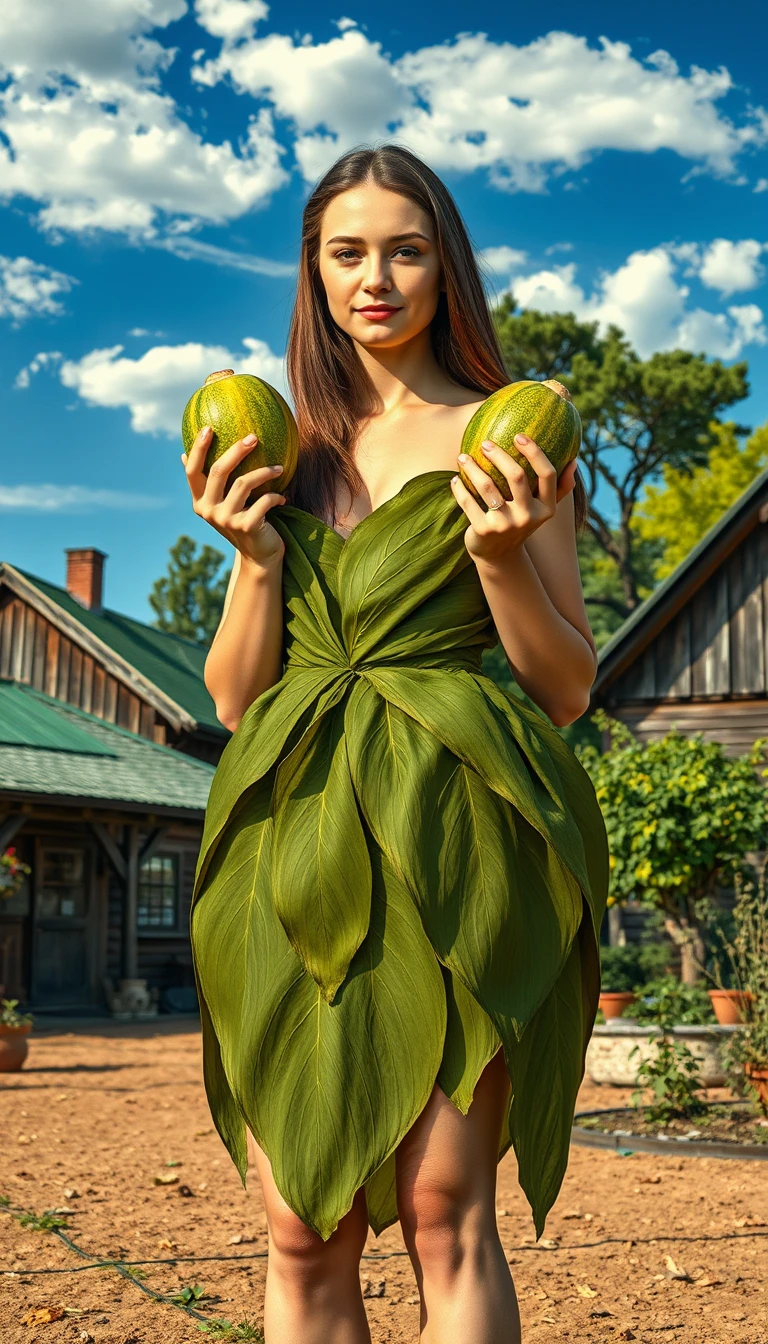 Uma jovem segura couves num jardim, usando um vestido de folhas de couve