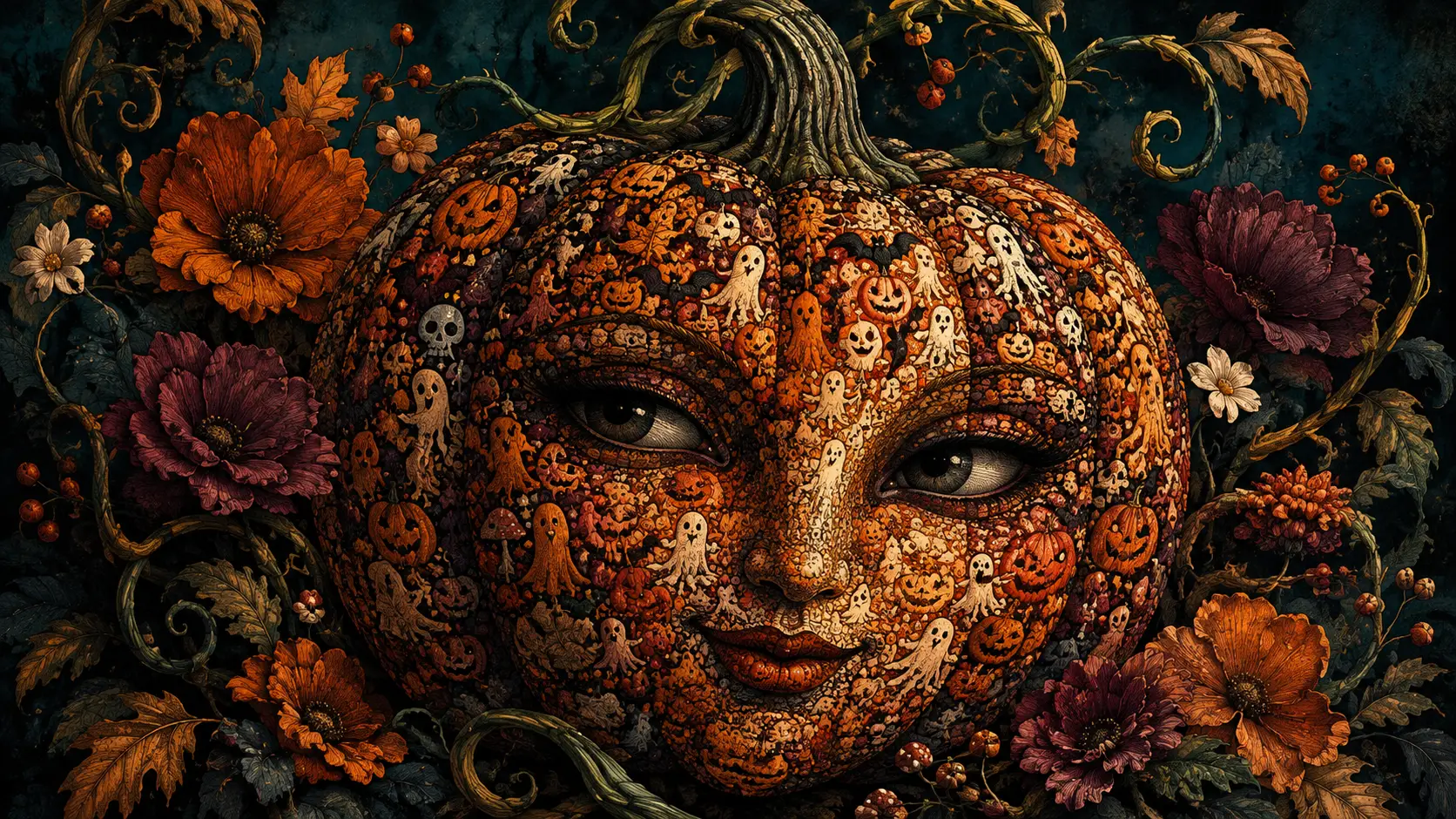 以迷你萬聖節符號與秋日花卉描繪陰影的超現實南瓜肖像