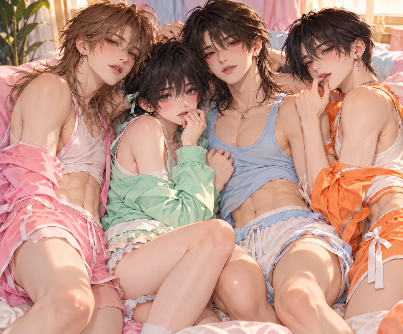 Quatro personagens femboy de anime interagem com roupas casuais coloridas