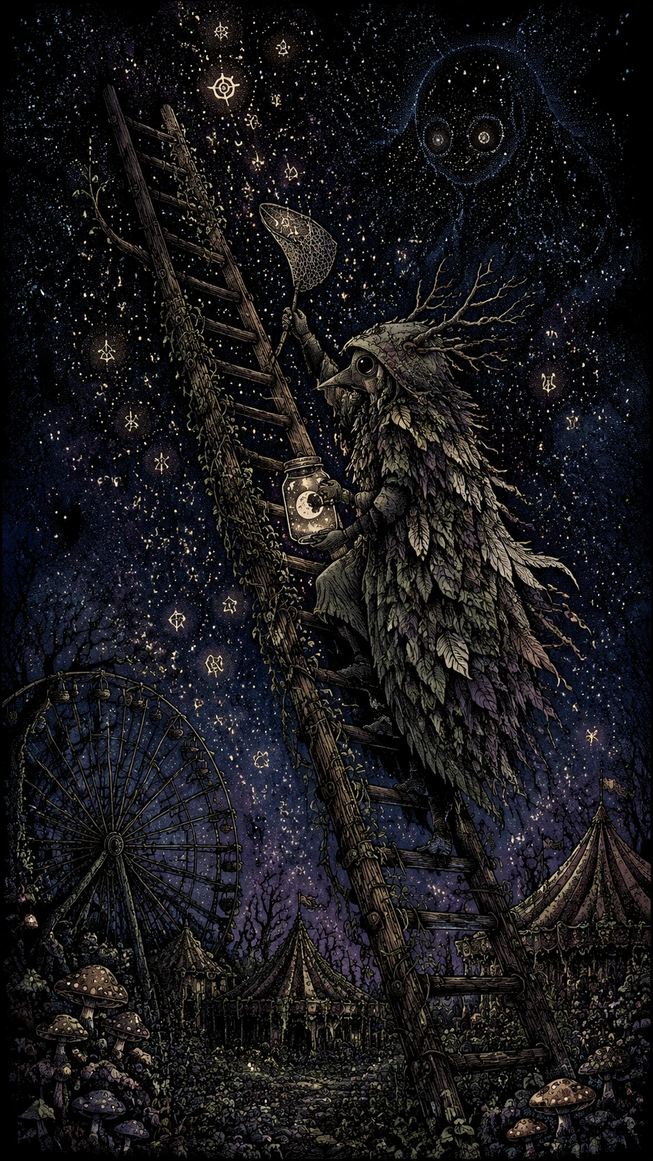 A creature in a leaf and feather coat climbs a crooked ladder toward the sky