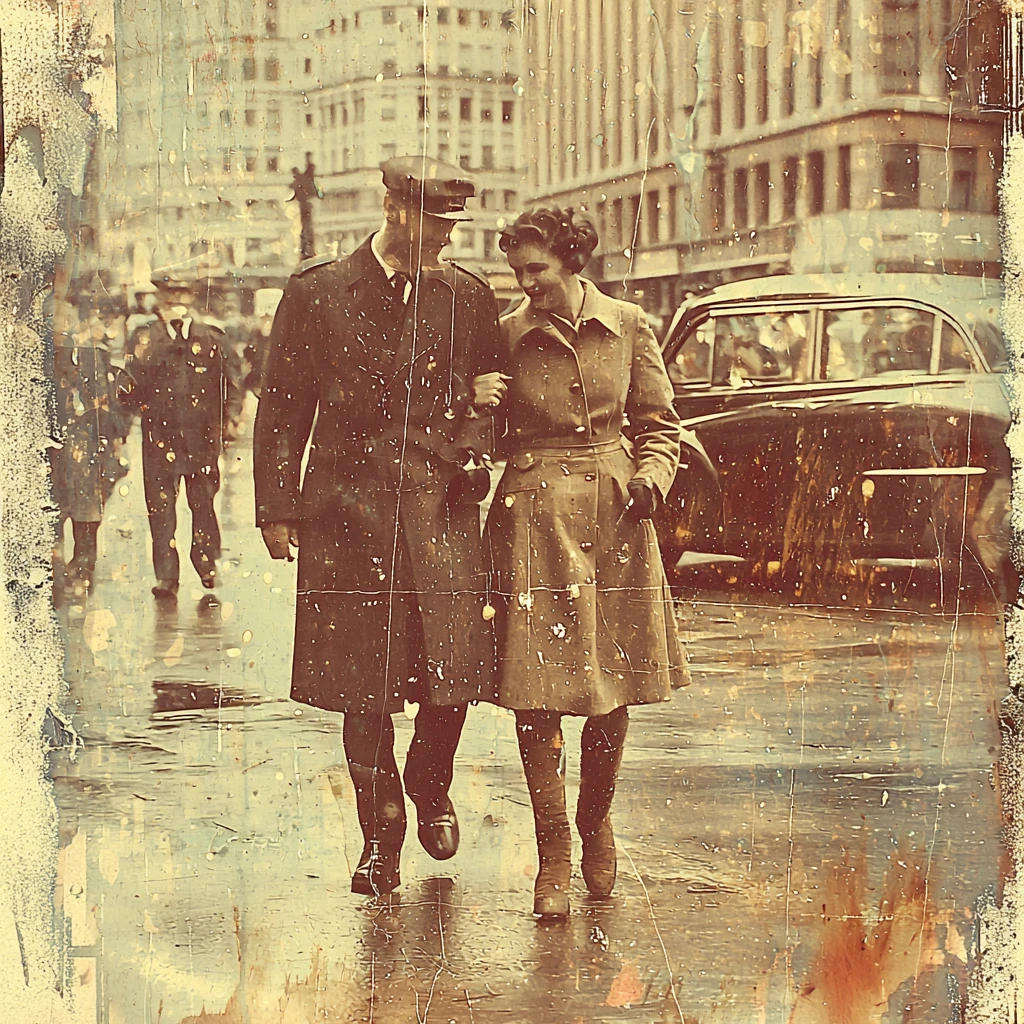A vintage street scene with subtle science fiction undertones