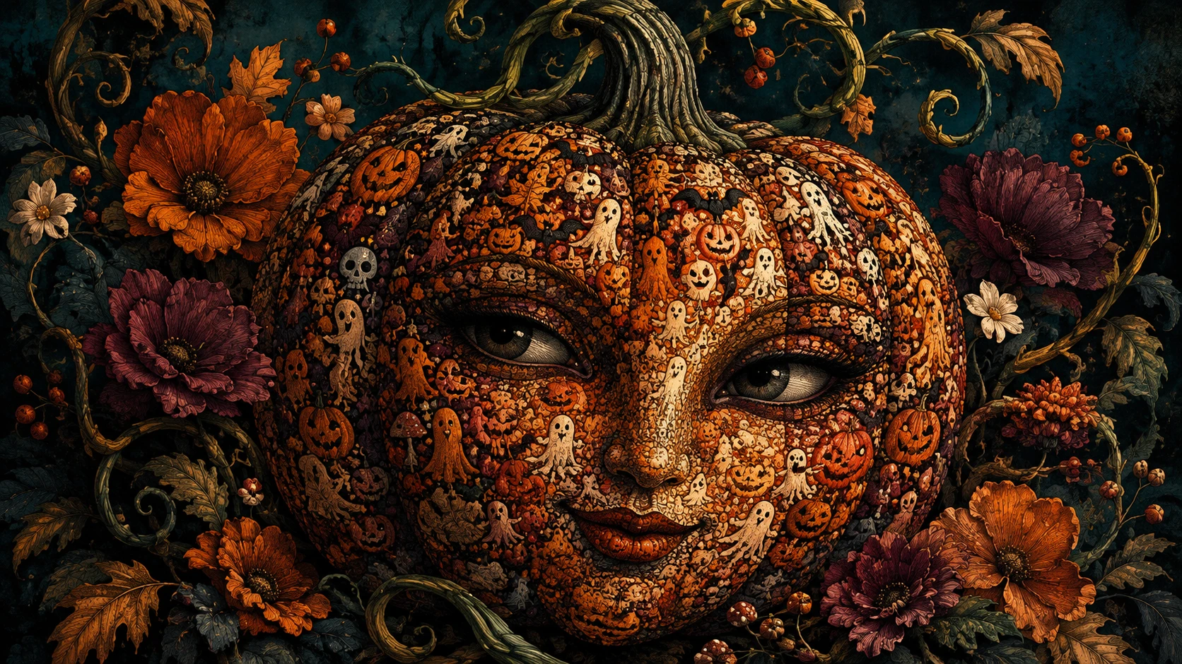 Um retrato surreal de uma abóbora, sombreado com minúsculos símbolos de Halloween e flores de outono