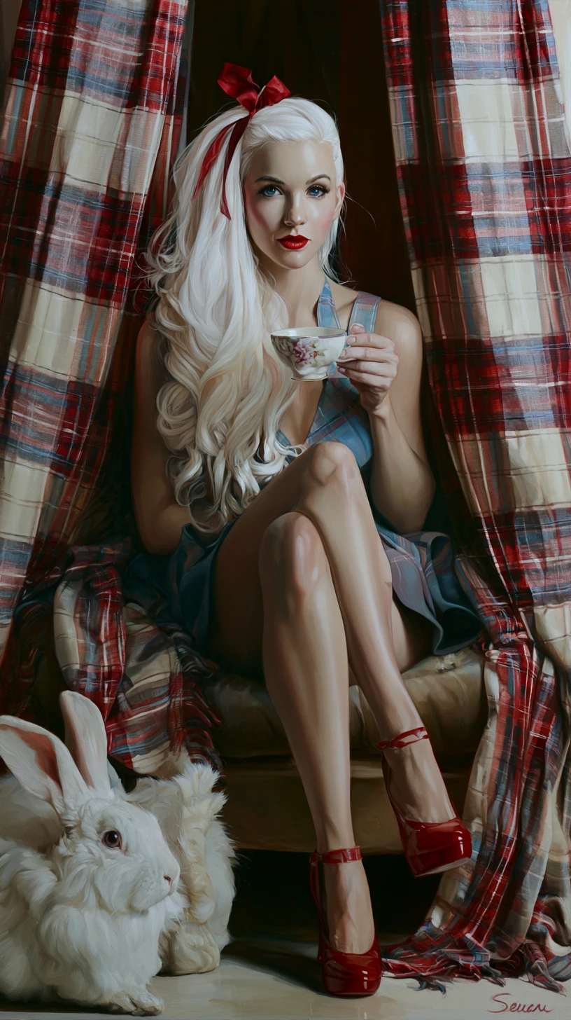 Uma Alice retrô segura uma xícara de chá em uma pintura de conto de fadas sombria
