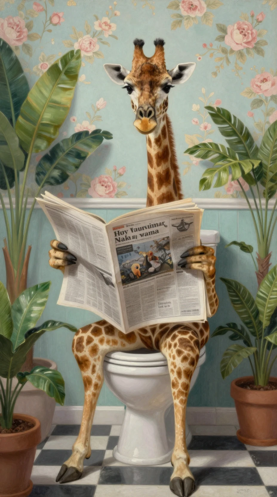 Uma girafa lê o jornal sentada no vaso sanitário
