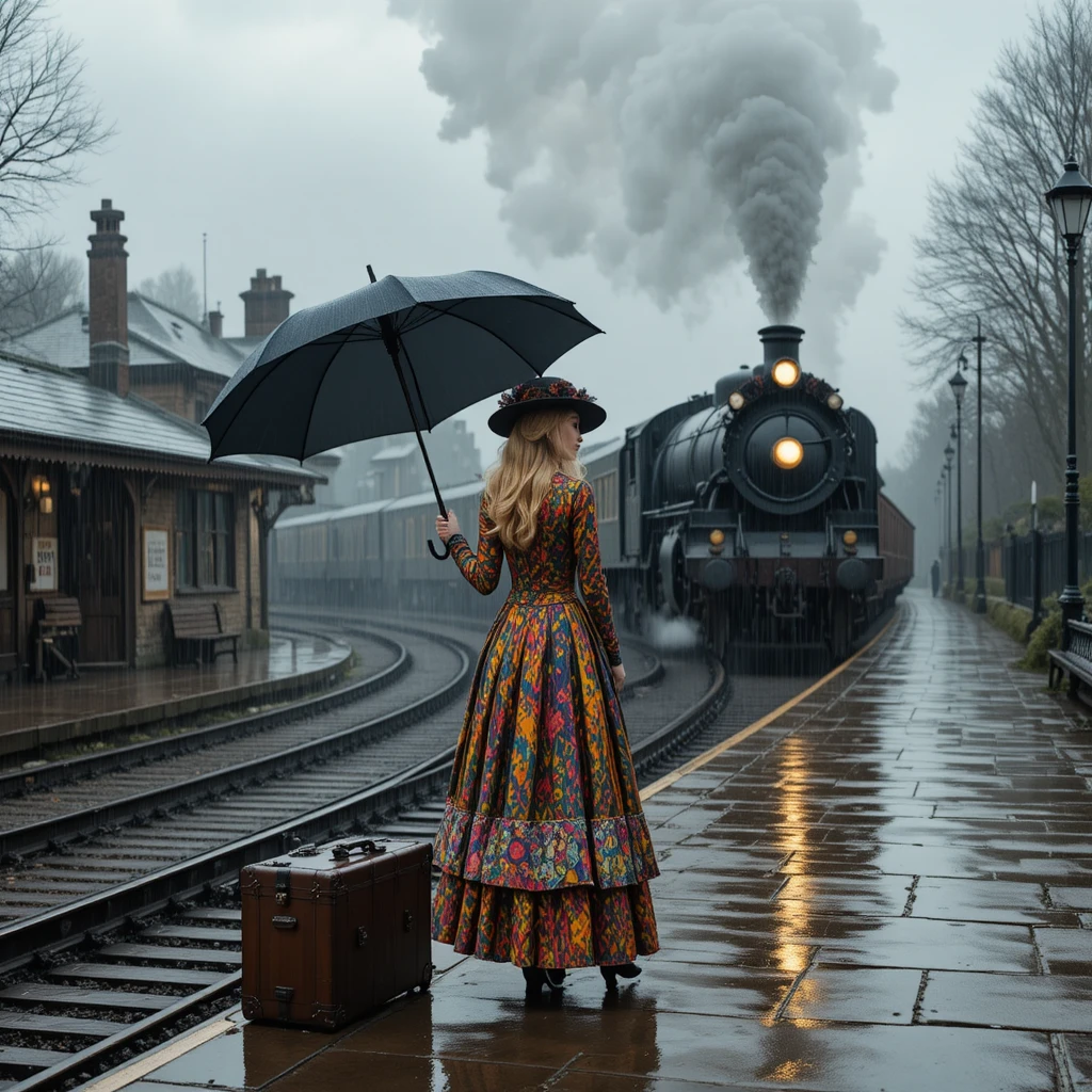Uma mulher loira está sob um guarda-chuva numa plataforma de estação chuvosa