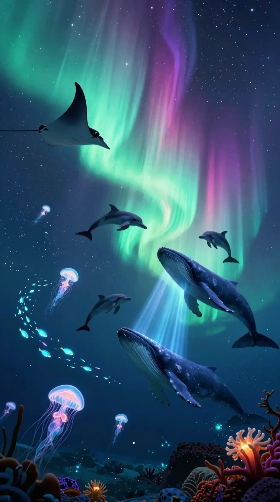 Luci scintillanti simili ad aurore attraversano un profondo mondo sottomarino